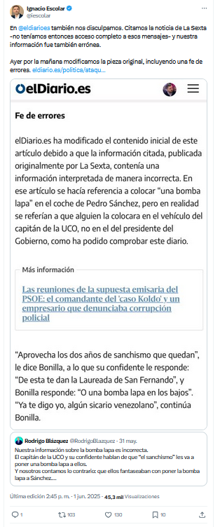9/ Tuits borrados relevantes:
<a href="/iescolar/">Ignacio Escolar</a> que citó la noticia de <a href="/laSextaTV/">laSexta</a>, pero rectificó al día siguiente tanto en Twitter como en el artículo.