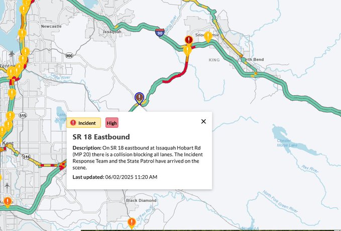 更新：由于Issaquah-Hobart Road（MP 20）发生碰撞，向东SR
