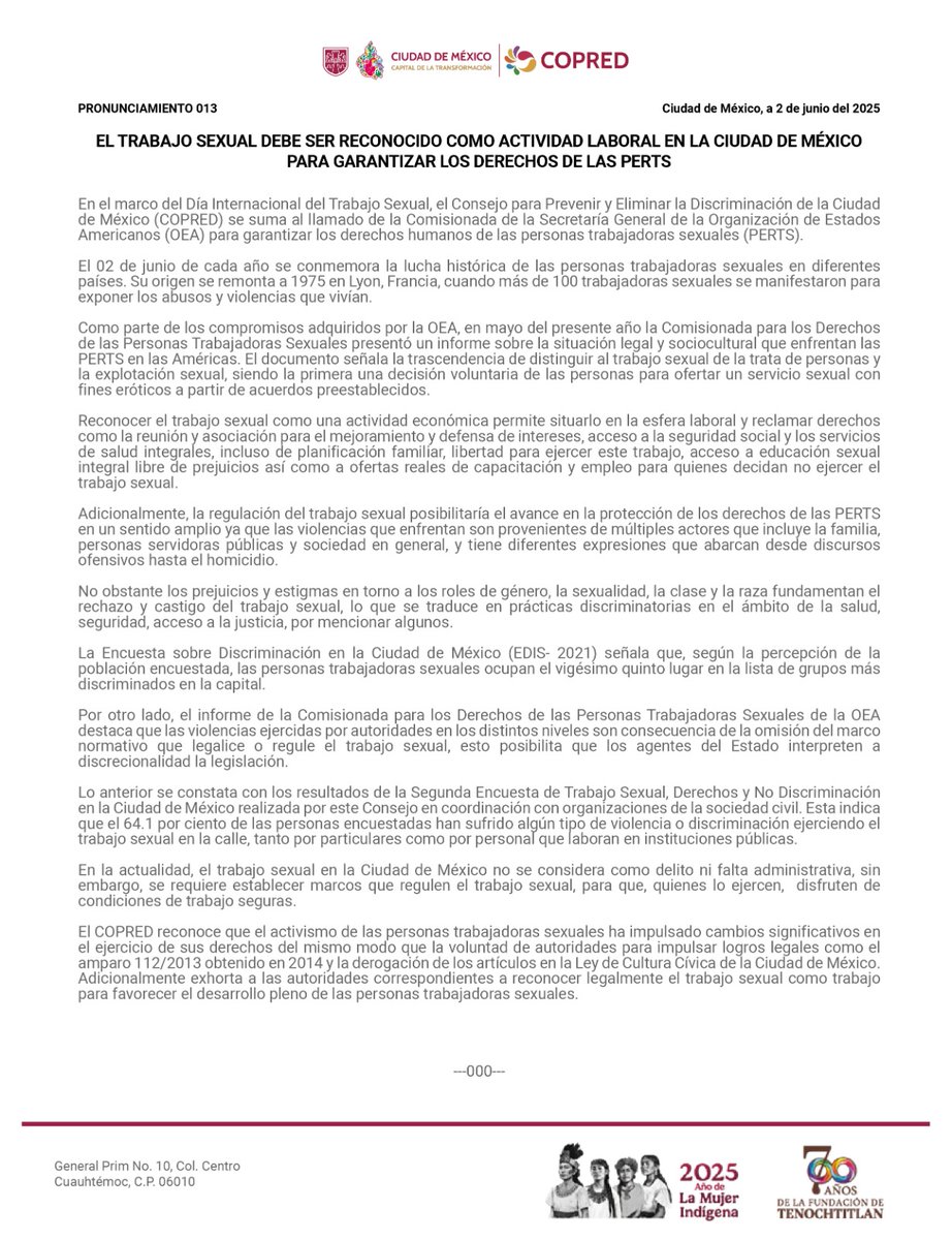 #Pronunciamiento 13 

☝️En el "Día Internacional del Trabajo Sexual" desde el #COPRED hacemos un llamado para garantizar los derechos humanos para las personas trabajadoras sexuales (PERTS).

➡️goo.su/zQW2OOX