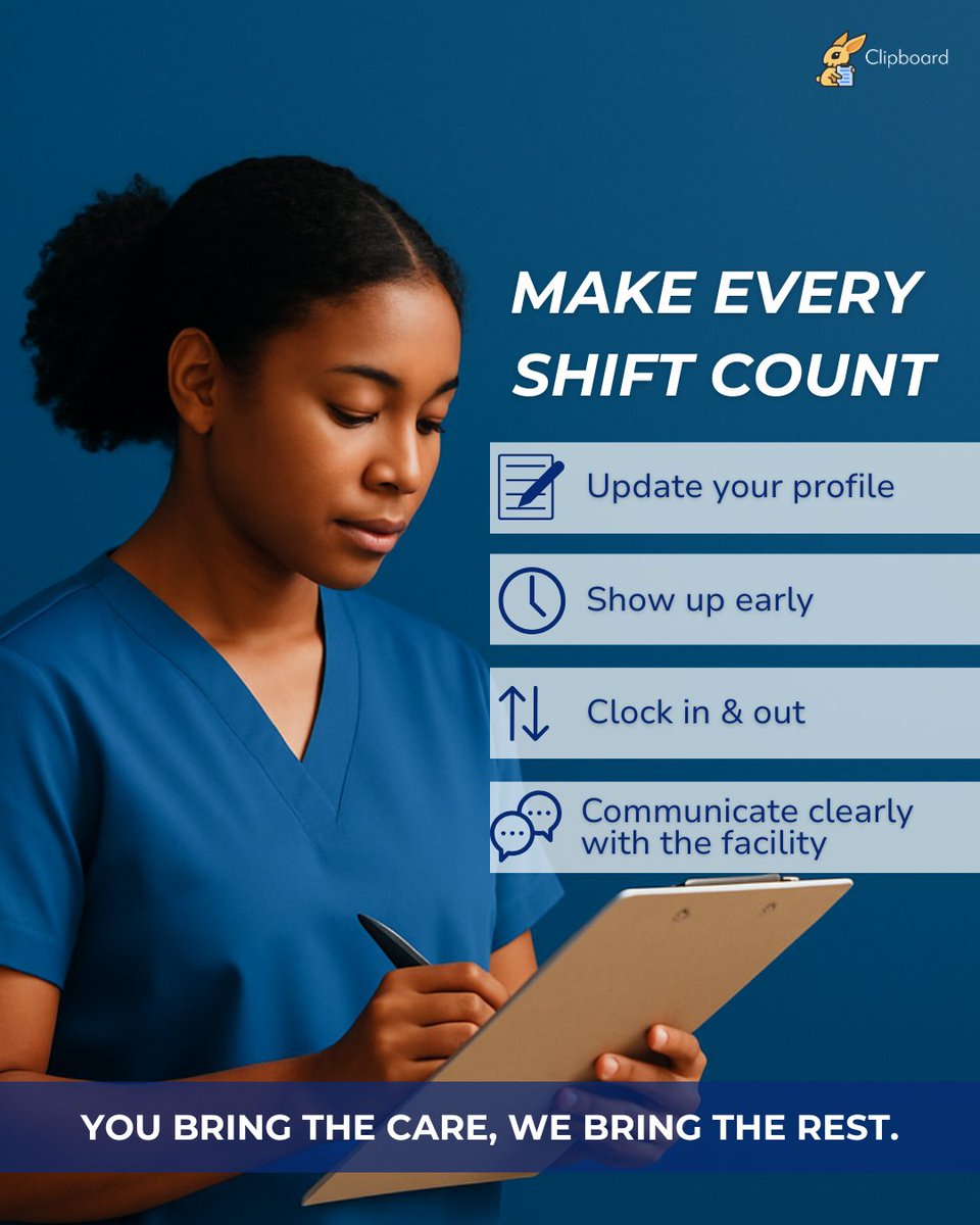Make every shift count!
Update profile ✅ Show up early ⏰
Clock in/out ✔️ Communicate 💬
You bring the care, we bring the rest.
#ClipboardHealth #MakeEveryShiftCount #CareWork