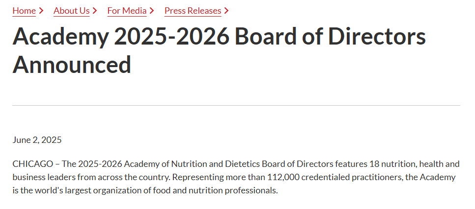 🤝 Meet the Academy's 2025-2026 Board of Directors, who will serve from June 1 until May 31, 2026!

📖 They'll be responsible for strategic planning, policy development and fiscal management for the organization: sm.eatright.org/BOD25

#eatrightPRO #dietetics