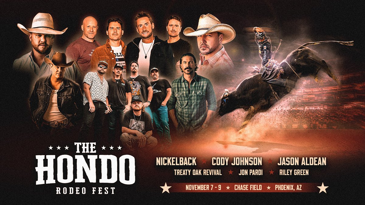 The Hondo Rodeo Fest returns November 7–9 in Phoenix, AZ with Jason Aldean, Riley Green, Cody Johnson, Jon Pardi, Nickelback and Treaty Oak Rivival!

There's 25% discount for all early tickets sales, so make sure to get yours before prices go up throughout the summer!