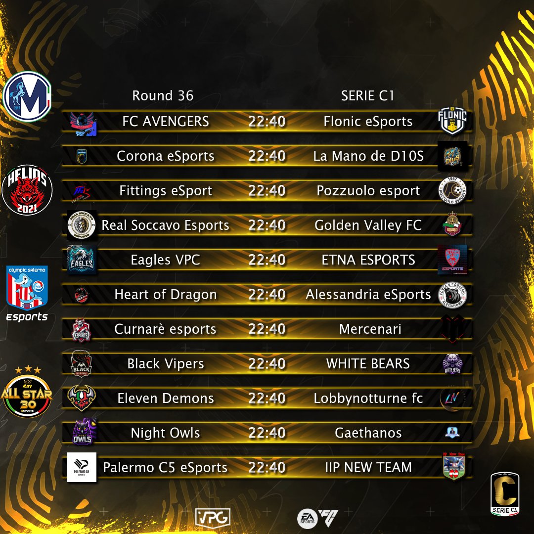 VPG Italy ๐ฎ๐น (@vpgitaly) on Twitter photo ๐ VPG Italia
โฝ๏ธ Serie C1-C2
๐ Accoppiamenti
๐
Giornata 36
Main sponsor
<a href="/EsportsMartina/">Martina eSports</a>
Sponsor
<a href="/Helios_ps5/">HELIOS ESPORTS</a>
<a href="/OlympicSaEsp/">Olympic Salerno eSports</a>
<a href="/MGV_ALL_STAR_30/">MGV ALL STAR</a> ๐ VPG Italia
โฝ๏ธ Serie C1-C2
๐ Accoppiamenti
๐
Giornata 36
Main sponsor
<a href="/EsportsMartina/">Martina eSports</a>
Sponsor
<a href="/Helios_ps5/">HELIOS ESPORTS</a>
<a href="/OlympicSaEsp/">Olympic Salerno eSports</a>
<a href="/MGV_ALL_STAR_30/">MGV ALL STAR</a>