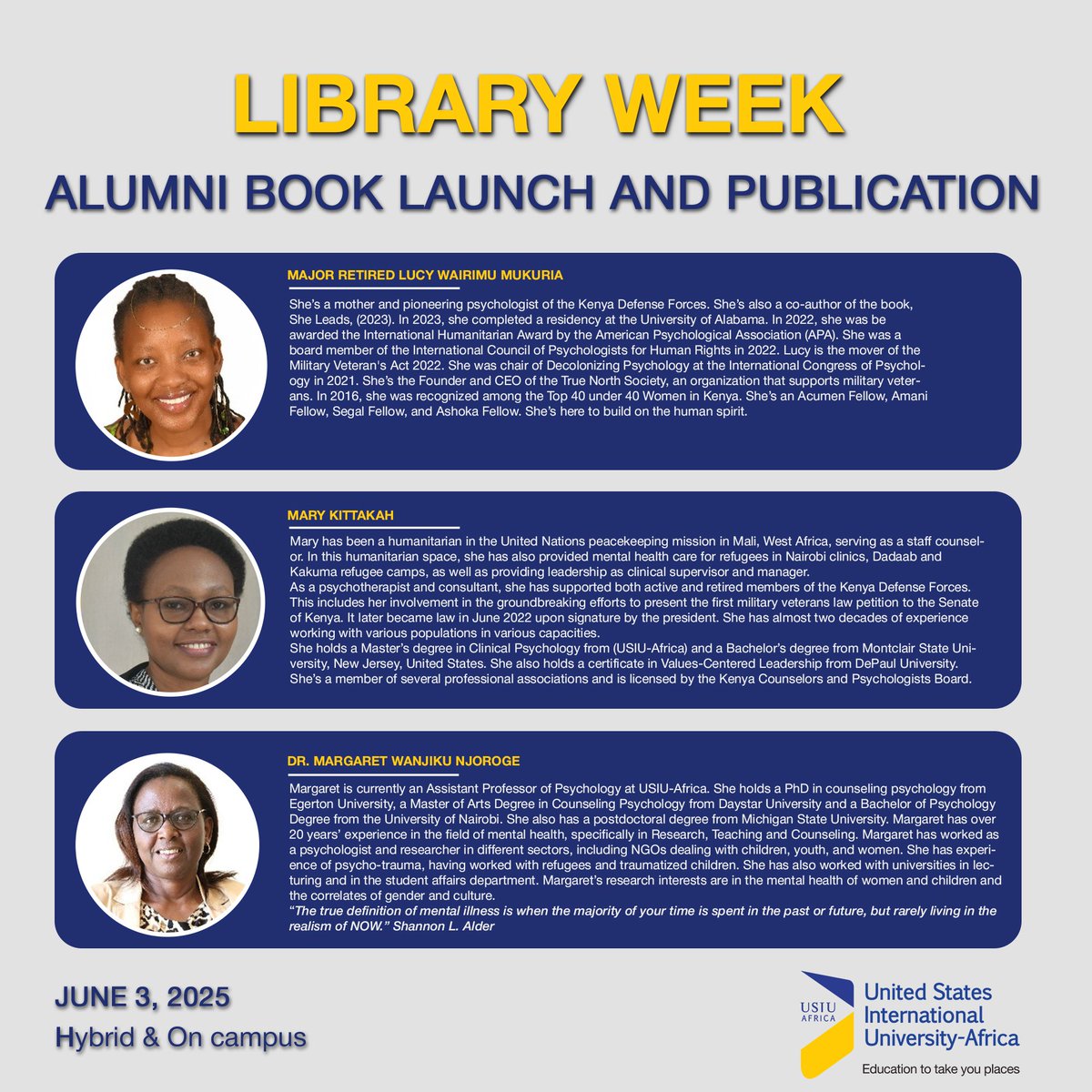 ExperienceUSIU's tweet image. Welcome to the USIU-Africa #LibraryWeek 2025
📅 Date: June 3 - 5
⏰ Time: 9.00am ~ 5.00pm (EAT)
📍 Venue: Hybrid - USIU-Africa Library and Information Center, and Virtual
See posters for details.