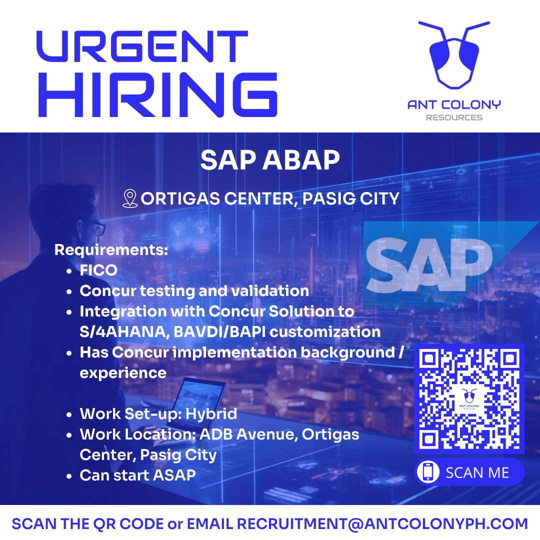 antcolonyph's tweet photo. We’re Hiring: SAP ABAP Consultant!
#staffing #outsourcing #managedservices #recruitment #hiringnow #hiring #jobs #careers #jobsearch #nowhiring #jobopening #careeropportunities #CareersPH #JobOpenings #Philippines #jobopportunity #jobopportunities #SAP #ABAP https://t.co/L2LR4st3V0