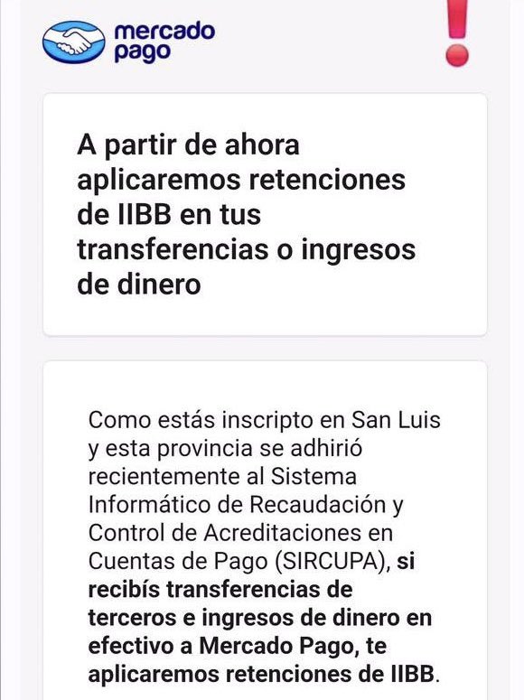 Mercado Pago anuncia que empieza a actuar como agente de retención de IIBB en San Luis porque el gobierno se adhirió al SIRCUPA. Muy lindos los gobernadores de JxC.