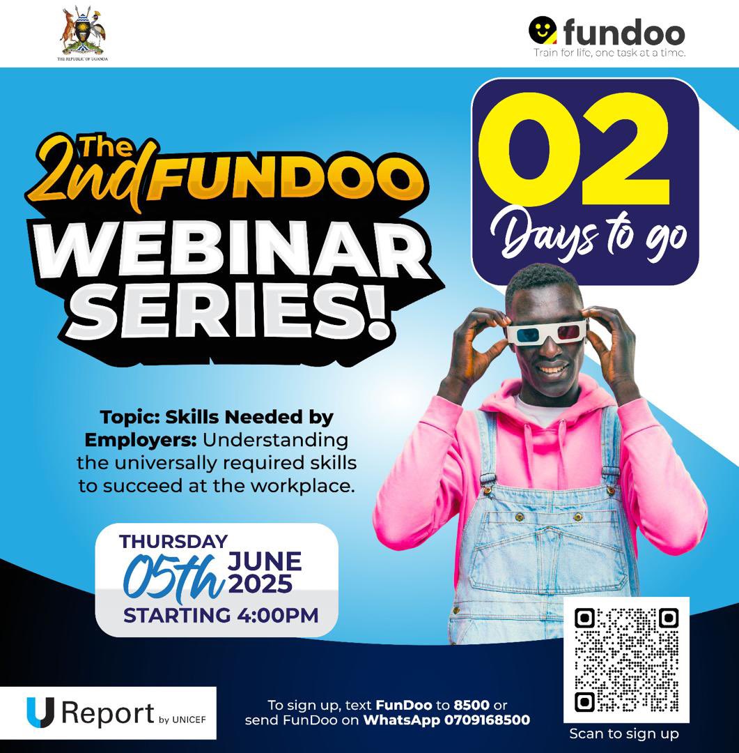 U-Report Uganda (@ureportuganda) on Twitter photo đđťđđťđđťđđť HURRAY!!!
đŻ2 DAYS TO THE YOUTH SKILLING - 2ND FUNDOO WEBINAR SERIES
Learn all about the skills needed by employers to give you a cutting edge.
đThursday, 5th June 2025 at 4pm
đĽ Tap the link to join: unicef.zoom.us/j/92551962309.
đSPEAKERS:
â
Betty Kusemererwa,Manager đđťđđťđđťđđť HURRAY!!!
đŻ2 DAYS TO THE YOUTH SKILLING - 2ND FUNDOO WEBINAR SERIES
Learn all about the skills needed by employers to give you a cutting edge.
đThursday, 5th June 2025 at 4pm
đĽ Tap the link to join: unicef.zoom.us/j/92551962309.
đSPEAKERS:
â
Betty Kusemererwa,Manager