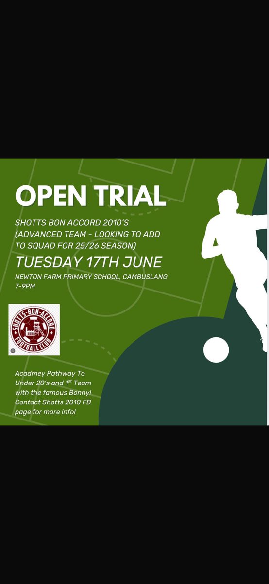 Shotts Bon Accord are a Newly formed team for 25/26 season at 2010 age group. Exciting opportunity with an ambitious club.

Contact +44 7309 630359 for more info.

Retweets appreciated