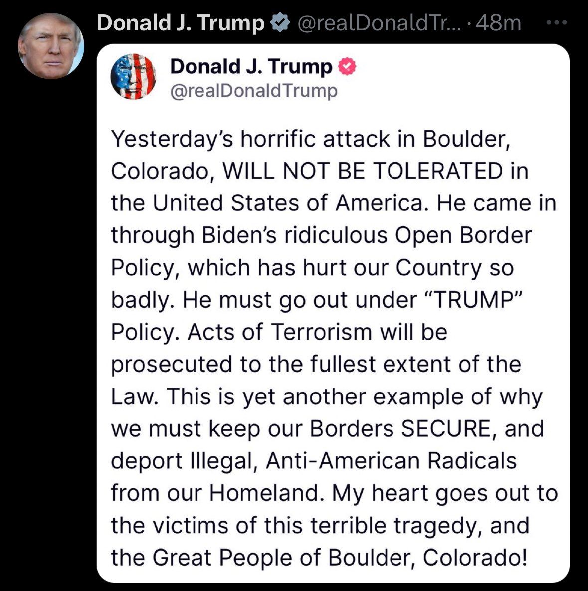 The Boulder attacker did NOT come over the border. Donald trump, as we all know, is a fucking liar. Oh, and spare me the “tough on terrorism” bullshit after he pardoned the trump terrorists who attacked the Capitol on January 6.