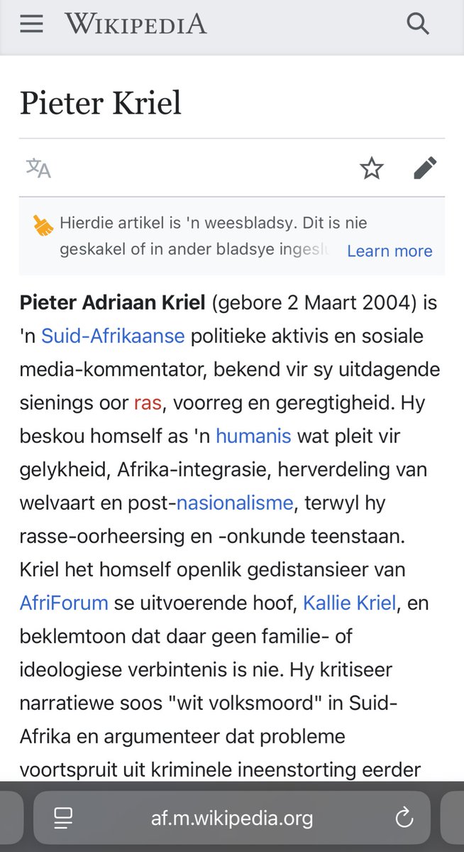 Why is my Wikipedia page only in Afrikaans?