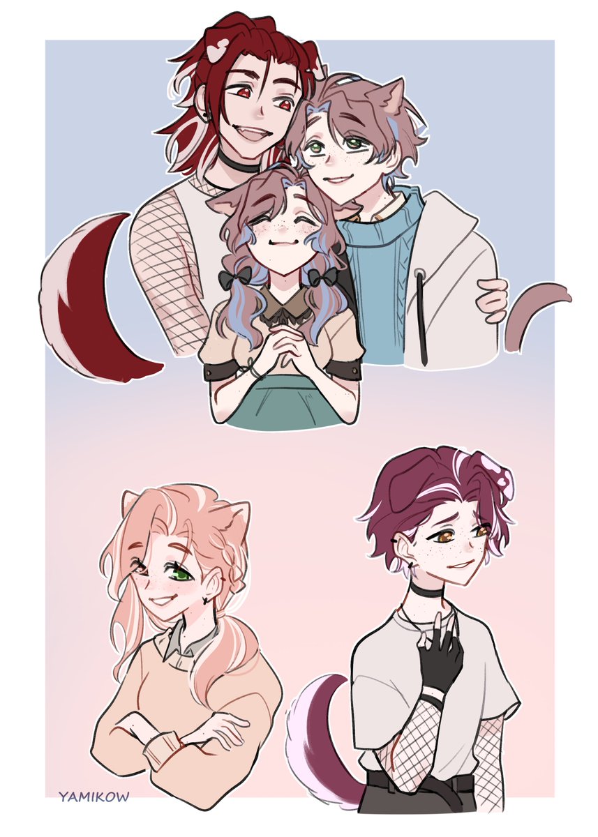 Did the "your oc - my oc = mix" trend of @/itsAaronUVA  and me ! 

(they do not have blue from me because it's dye, while the white strands are part of the designs)

#vtuber #envtuber #vtuberen