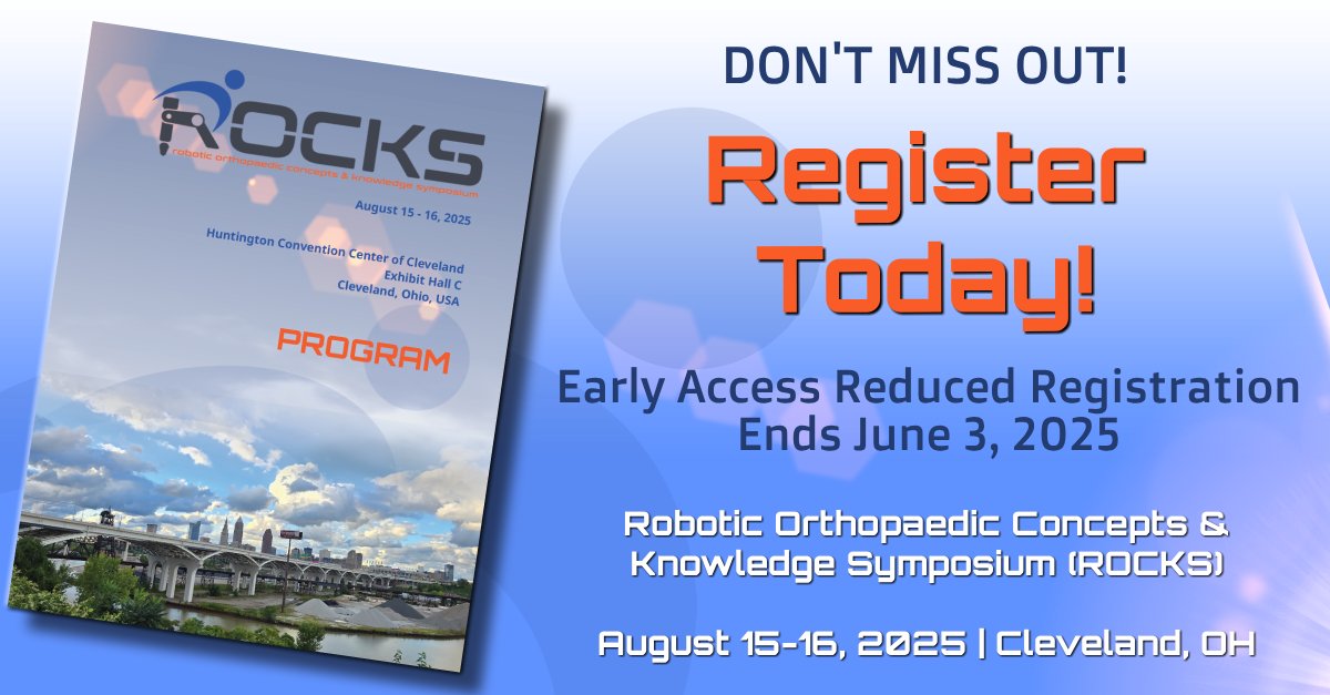 Don’t Miss Out! Register by 6/3/25 for Early Access rates to #ROCKS2025! ROCK your knowledge at this immersive experience in Cleveland, OH August 15-16th. See the latest innovations, refine your skills &amp; be part of the forefront in robotic orthopaedics.
ccimeetings.com/rocks-registra…