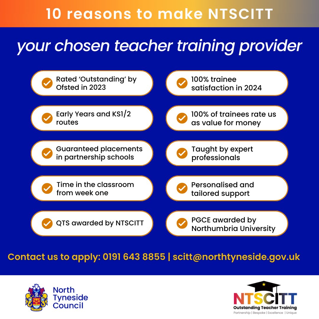 NT SCITT (@ntscitt) on Twitter photo Just some of the reasons why you should come and train with us <a href="/NTSCITT/">NT SCITT</a>. If you’re interested in training to be a primary teacher, check out our websitewww.ntscitt.org.uk or contact us for further information. <a href="/educationnortht/">educationnorthtyneside</a> <a href="/NTynesideEY/">EY Education North Tyneside</a> <a href="/NTPrimaryTeam/">Education North Tyneside Primary Team</a> <a href="/NTCouncilTeam/">North Tyneside Council</a> Just some of the reasons why you should come and train with us <a href="/NTSCITT/">NT SCITT</a>. If you’re interested in training to be a primary teacher, check out our websitewww.ntscitt.org.uk or contact us for further information. <a href="/educationnortht/">educationnorthtyneside</a> <a href="/NTynesideEY/">EY Education North Tyneside</a> <a href="/NTPrimaryTeam/">Education North Tyneside Primary Team</a> <a href="/NTCouncilTeam/">North Tyneside Council</a>