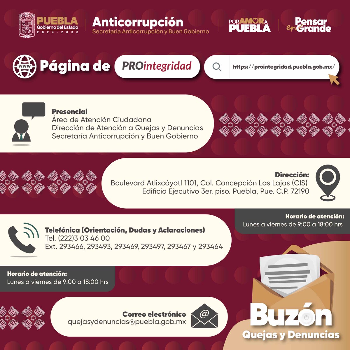 #PROIntegridad 📬

Estos son los métodos por los que puedes presentar tu queja o denuncia si fuiste víctima de corrupción de alguna persona servidora pública del <a href="/Gob_Puebla/">Gobierno de Puebla</a>.

Tu denuncia hace la diferencia 🗣

#PorAmorAPuebla #PensarEnGrande