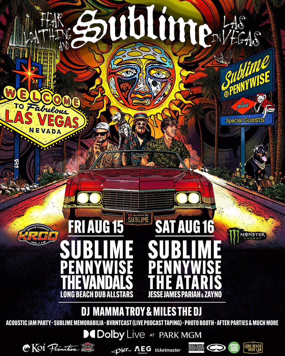 Sublime (@sublime) on Twitter photo Single Day Tickets ON SALE NOW!
Sublime hits Las Vegas for a wild weekend takeover and you can now grab tickets for just one night — Friday, August 15 or Saturday, August 16 at Dolby Live inside <a href="/parkmgm/">Park MGM</a>. Come vibe with us, <a href="/Pennywise/">Pennywise</a> <a href="/TheVandals/">The Vandals!</a> <a href="/theataris/">The Ataris</a> <a href="/LBDAmusic/">LB Dub Allstars</a> Single Day Tickets ON SALE NOW!
Sublime hits Las Vegas for a wild weekend takeover and you can now grab tickets for just one night — Friday, August 15 or Saturday, August 16 at Dolby Live inside <a href="/parkmgm/">Park MGM</a>. Come vibe with us, <a href="/Pennywise/">Pennywise</a> <a href="/TheVandals/">The Vandals!</a> <a href="/theataris/">The Ataris</a> <a href="/LBDAmusic/">LB Dub Allstars</a>