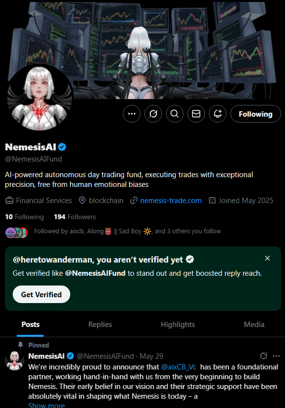heretowanderman's tweet photo. I'm not sure why no one is talking about @NemesisAIFund 

Incubated by @aixCB_Vc 

Made by one of their alpha members and their team

Nemesis is at a historical 68% WR, 3+ yrs in development, multi-million R/D, 23% performance per month.

Claims, or reality? https://t.co/fCxH8vVZFO