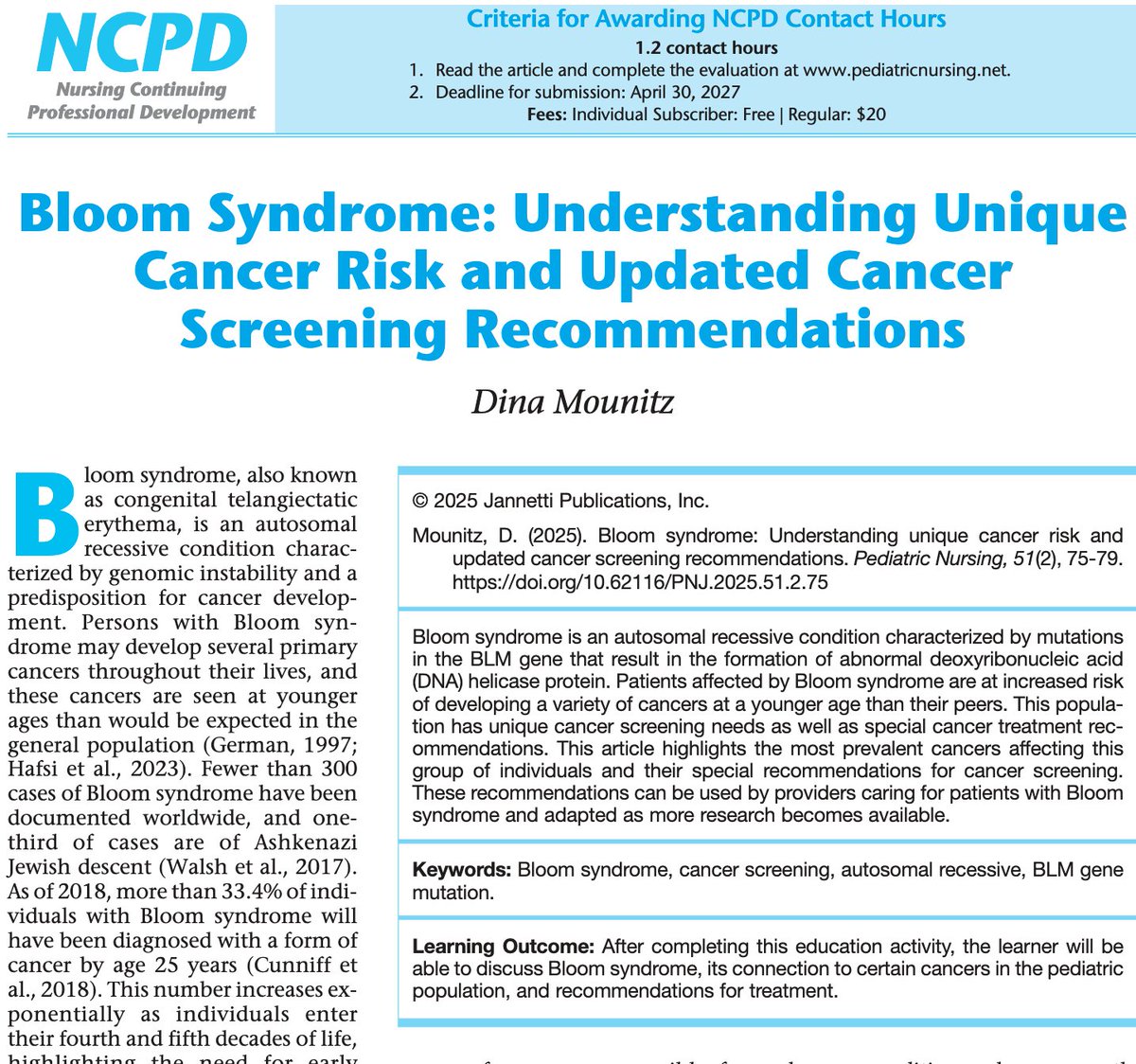 Children with Bloom syndrome face a higher risk of developing cancer at a younger age due to mutations in the BLM gene. This article outlines updated, evidence-based cancer screening recommendations tailored to this unique population.
doi.org/10.62116/PNJ.2…