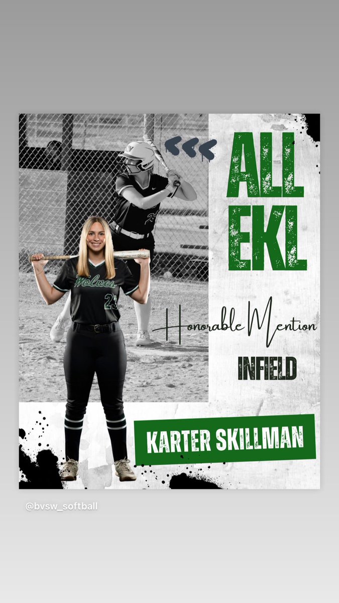 Congratulations to EKL Honorable Mention Infielder, Karter Skillman! As a dual sport athlete, Karter had success in both softball and track and field🥏🏃🏻‍♀️. This senior showed  power on both defense and offense earning her recognition as a top player in the EKL.