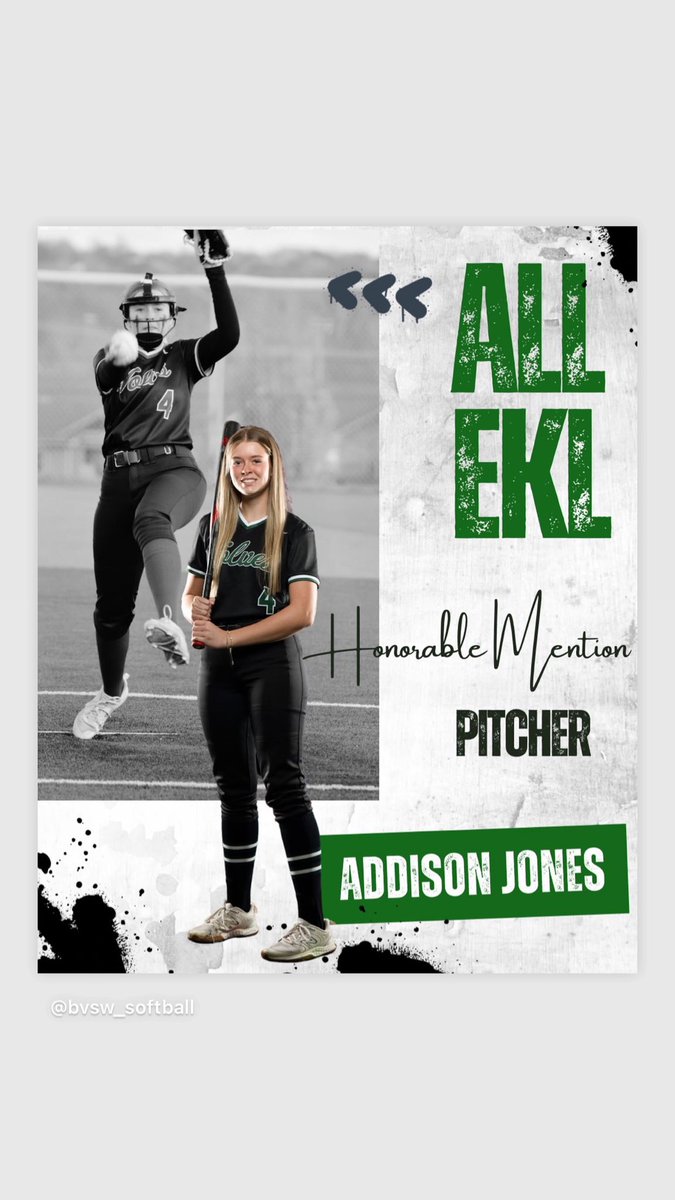 Congratulations to EKL Honorable Mention Pitcher, Addison “AJ” Jones! She worked her tail off this off-season and it showed! 💪🏻AJ was a huge piece of offense and our Ace in the circle!
