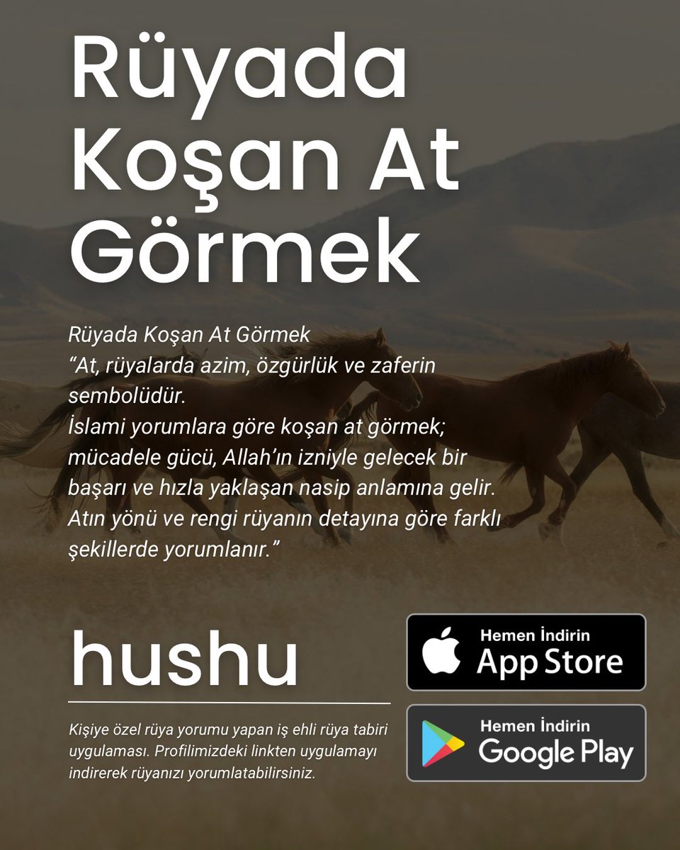 Rüyada Koşan At Görmek
“At, rüyalarda azim, özgürlük ve zaferin sembolüdür.
İslami yorumlara göre koşan at görmek; mücadele gücü, Allah’ın izniyle gelecek bir başarı ve hızla yaklaşan nasip anlamına gelir.
Atın yönü ve rengi rüyanın detayına göre farklı şekillerde yorumlanır.”