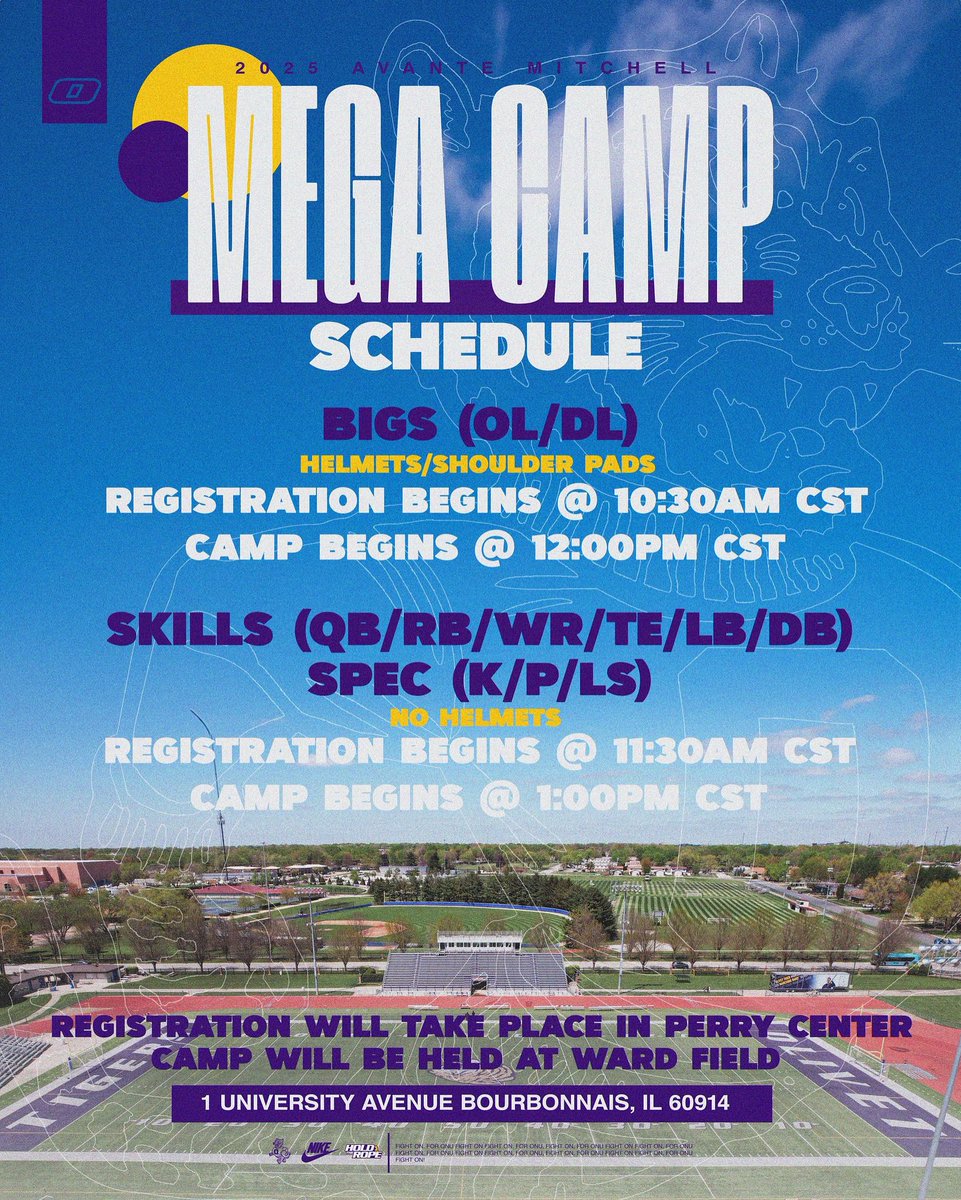 Our MEGA CAMP is approaching quick, here are the check-in times. Can’t wait to see you Thursday! 🐅
- 
#HateAverageBeGREAT #WinTheWest #FearTheStreak #TheTigerWay #R837 #ComeToTheBourb #HoldTheRope