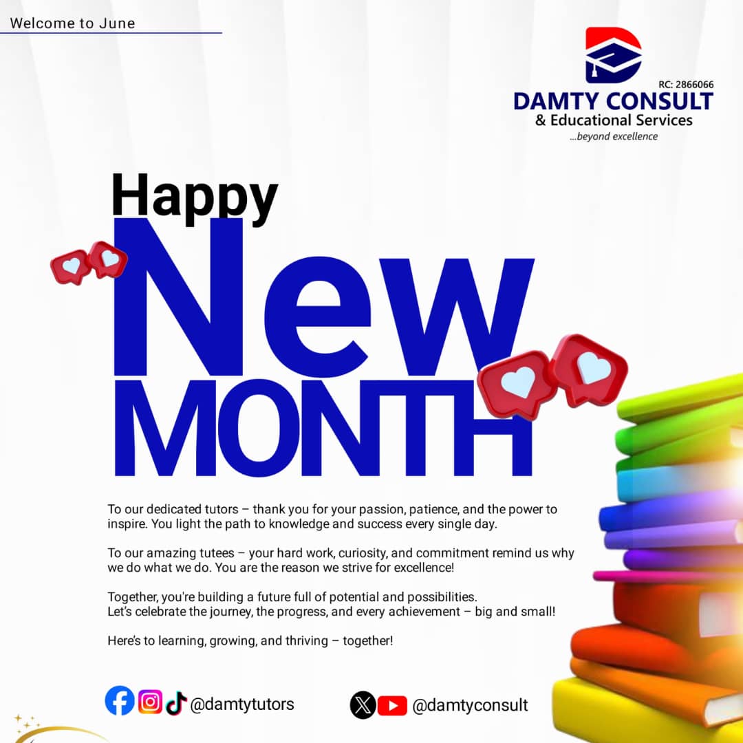 damtyconsult's tweet photo. To our dedicated tutors and our amazing tutees,
Happy New Month.
#damtyconsult #damtytutors #hometutor #privatetutor #onlinetutoing #lessonteacher #hometutorinilorin #privatetutorinilorin #privatecomputertraining #musictraining #homeschooling https://t.co/rBKWtdRNn0