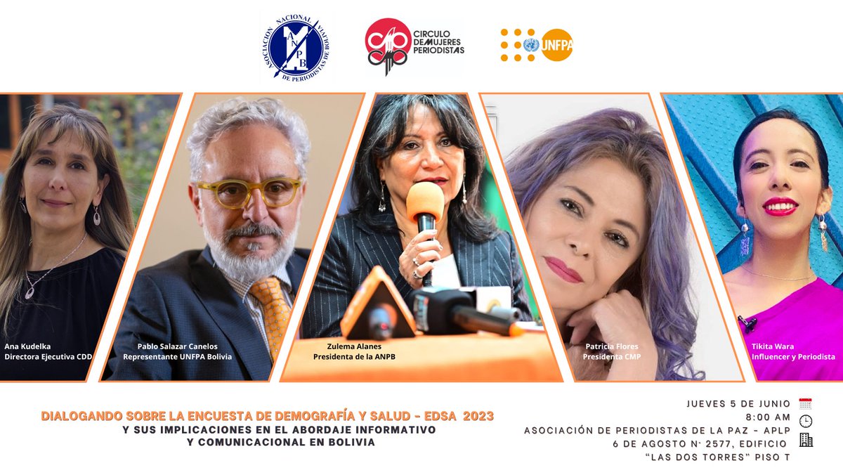 UNFPA en Bolivia (@unfpabolivia) on Twitter photo 🗣️ La Asociación Nacional de Periodistas de Bolivia, el Círculo de Mujeres Periodista y el <a href="/UNFPABolivia/">UNFPA en Bolivia</a> invitan a un espacio de diálogo sobre la Encuesta de Demografía y Salud #EDSA2023
📅 Fecha: 5 de junio
🕗 Hora: 8:00 a.m.
📍 Lugar: Asociación de Periodistas de La Paz - APLP 🗣️ La Asociación Nacional de Periodistas de Bolivia, el Círculo de Mujeres Periodista y el <a href="/UNFPABolivia/">UNFPA en Bolivia</a> invitan a un espacio de diálogo sobre la Encuesta de Demografía y Salud #EDSA2023
📅 Fecha: 5 de junio
🕗 Hora: 8:00 a.m.
📍 Lugar: Asociación de Periodistas de La Paz - APLP