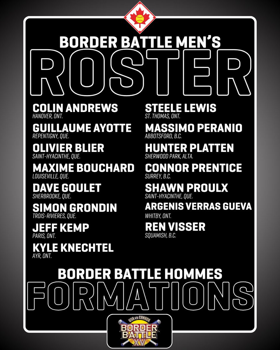 The Border Battle’s Back!! Introducing Softball Canada’s men’s and women’s Border Battle Teams 👀

🔗Official roster announcement: softball.ca/news/softball-…

La bataille des frontières est de retour ! Voici les équipes masculines et féminines de Softball Canada pour la bataille