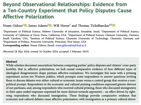 Noam Gidron (@noamgidron) on Twitter photo Thinking about immigration from a cultural perspective heightens distrust of political opponents, as discussed in our recent <a href="/BJPolS/">British Jnl Poli Sci</a>. Might interest scholars of affective polarization and ideology, as well as those analyzing open-ended survey questions. cup.org/3ZajcQ1 Thinking about immigration from a cultural perspective heightens distrust of political opponents, as discussed in our recent <a href="/BJPolS/">British Jnl Poli Sci</a>. Might interest scholars of affective polarization and ideology, as well as those analyzing open-ended survey questions. cup.org/3ZajcQ1