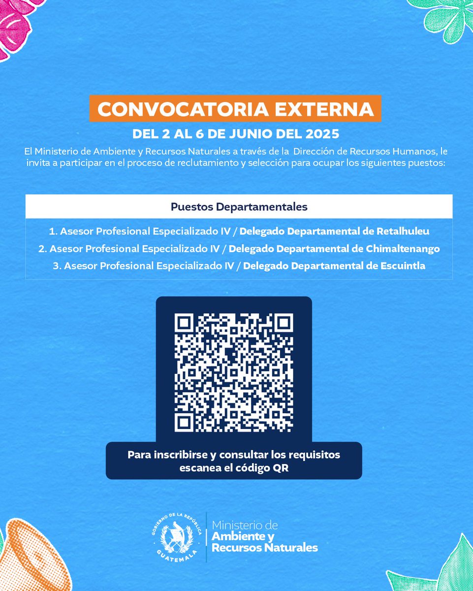 🔈¡Gritáelo al mundo!🔈

El Ministerio de Ambiente y Recursos Naturales está contratando. 🗳️

Si querés ser parte del cambio y trabajar por un mejor ambiente, esta es tu oportunidad.✨🍃
