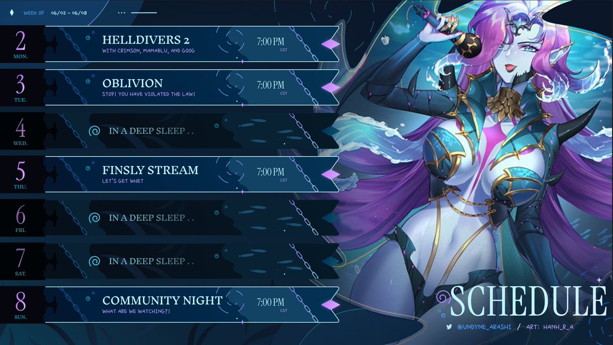 Schedule 💜

Kicking off Pride Month FOR LIBERTY with @/CrimsonCasualty, @/MamaBlu_NSFW and @/MrGoogsVA TONIGHT at 7pm CST 🔫🏳️‍🌈 More law violations and gnome shenanigans on Tuesday, REDACTED Thursday, and another Community night on Sunday! 

See you soon, Flotsam🌊