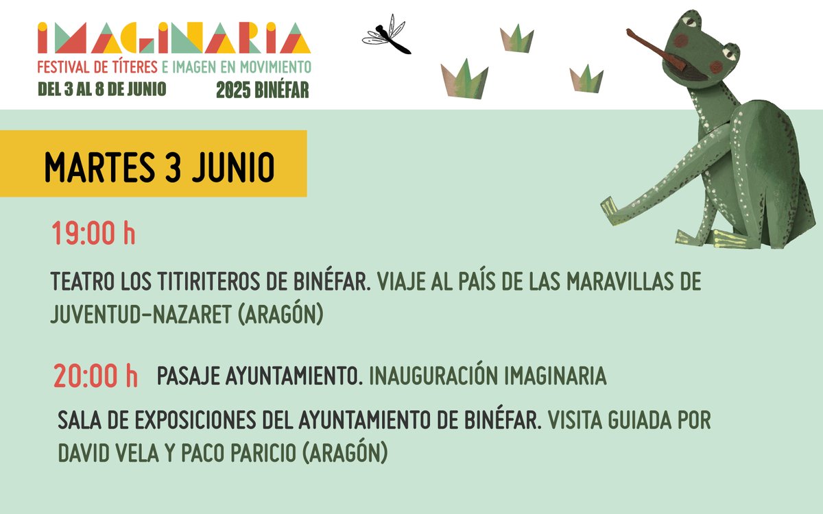 Este martes, levanta el telón de la XII edición del Festival Imaginaria con el siguiente programa. 
#imaginaria #aytobinéfar #binéfar #culturabinefar