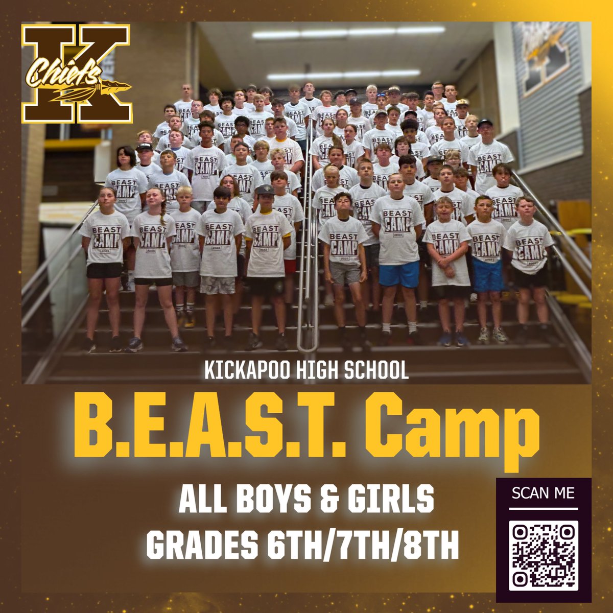 One week from today!!  
It is our 9th Annual BEAST Camp for all boys/girls who are entering 6th/7th/8th grade for next school year! 
QR code below takes you straight to the camp form. 
Just bring form with you on June 9th at Noon here in the Kickapoo Weight Room! 
Enter Door 6.