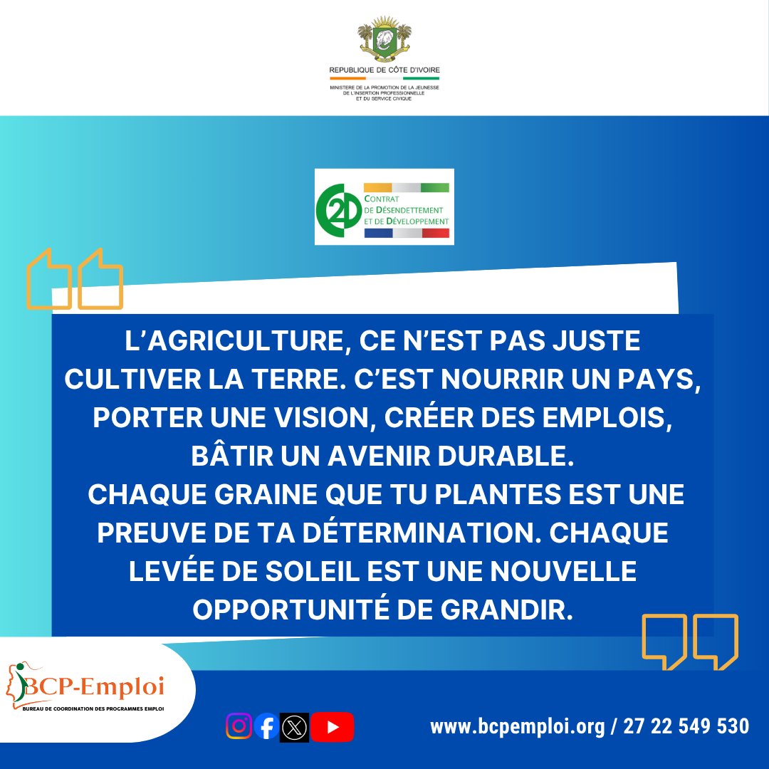 Jeune entrepreneur, continue à semer avec passion, à cultiver avec persévérance et à récolter avec fierté. L’Afrique nourrit le monde, et toi, tu fais partie de cette révolution verte 🌍💚Excellente semaine les ami(e)s ! #MondayMotivation #AgropreneurCI #JeunesseEngagée #FiertéCI