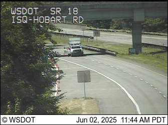(TRAFFIC ALERT - Tiger Mountain) EB 18 at Issaquah-Hobart Road a collision blocks all EB lanes.  Drivers are being detoured to Issaquah-Hobart Road.