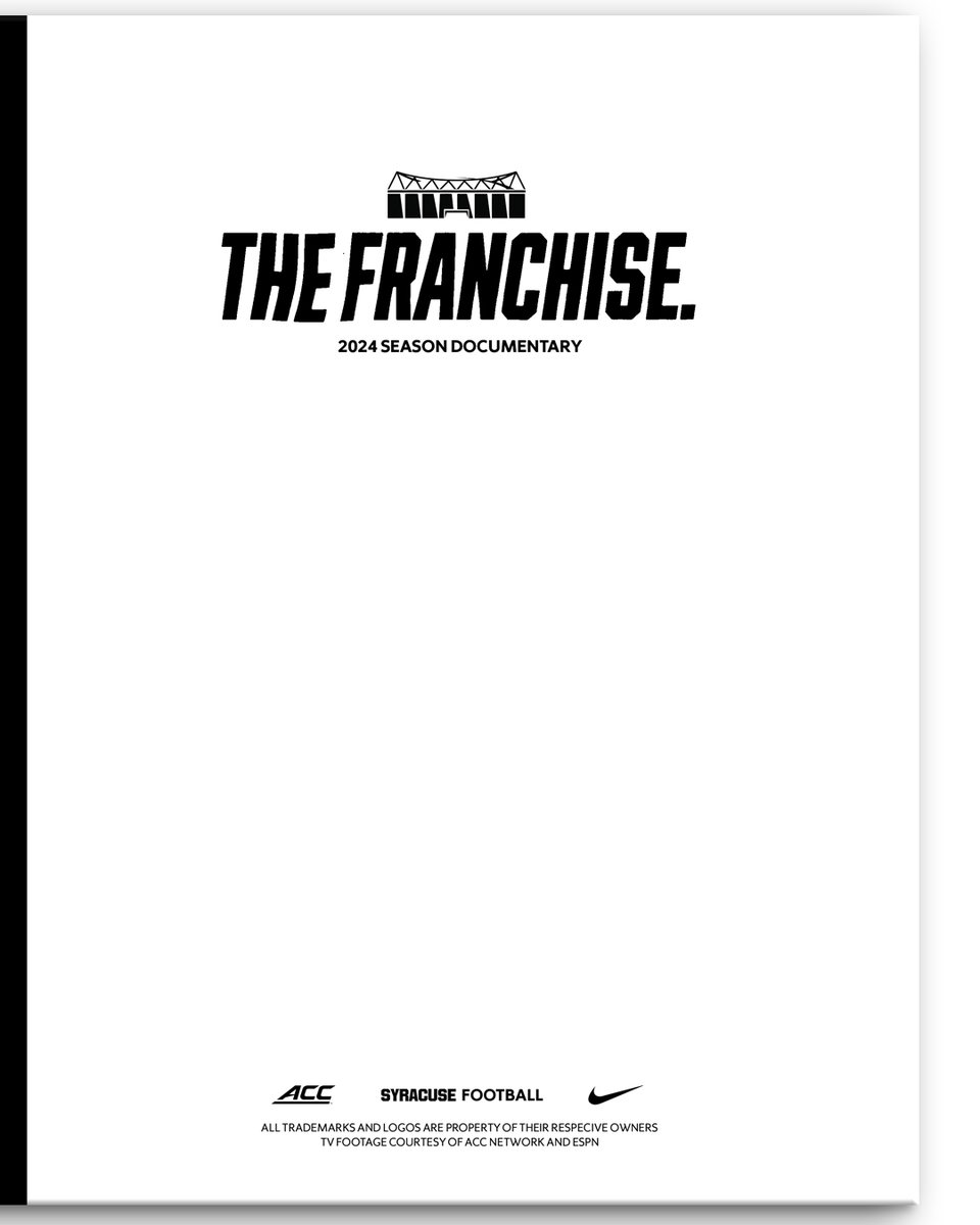 THE FRANCHISE

An archival book made in collaboration with <a href="/RichardWiesmann/">Richard Wiesmann</a> for his self directed <a href="/NewhouseSU/">Newhouse School</a> TRF Capstone, a full access 2024 season documentary of <a href="/CuseFootball/">Syracuse Football</a> and <a href="/FranBrownCuse/">Fran Brown</a> 's first season.
 
The full documentary can be found here:
richardwiesmann.onfabrik.com/portfolio/the-…