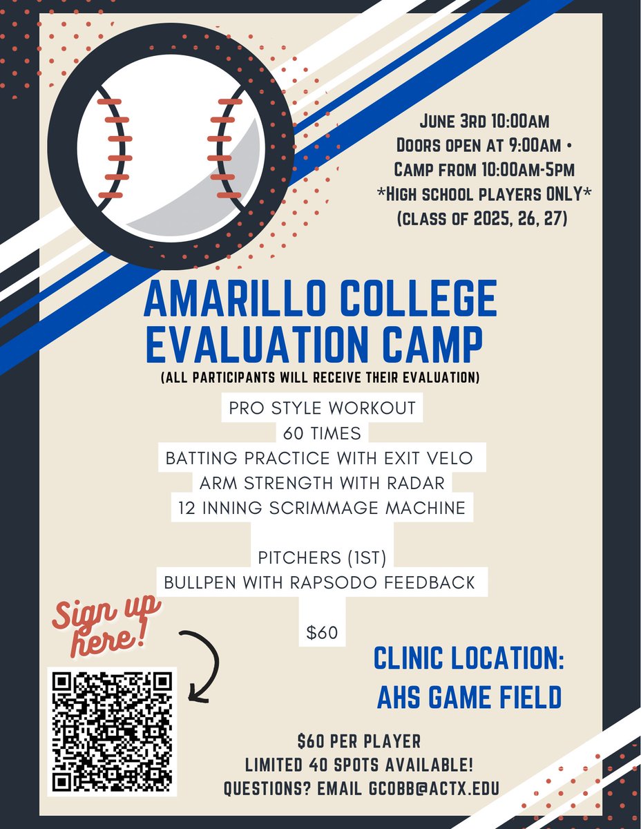 Garrett Cobb (@gcobb10) on Twitter photo 🚨 Amarillo Area Baseball Players — Last call!
We’re hosting an Evaluation Camp TOMORROW (June 3) at Amarillo College. <a href="/ACBaseball806/">Amarillo College Baseball</a> <a href="/CoachRains20/">Brandon Rains</a>
📅 Classes of 2025, 2026, 2027
📝 All players receive a full evaluation.
📩 DM with questions & check the flyer! 🚨 Amarillo Area Baseball Players — Last call!
We’re hosting an Evaluation Camp TOMORROW (June 3) at Amarillo College. <a href="/ACBaseball806/">Amarillo College Baseball</a> <a href="/CoachRains20/">Brandon Rains</a>
📅 Classes of 2025, 2026, 2027
📝 All players receive a full evaluation.
📩 DM with questions & check the flyer!