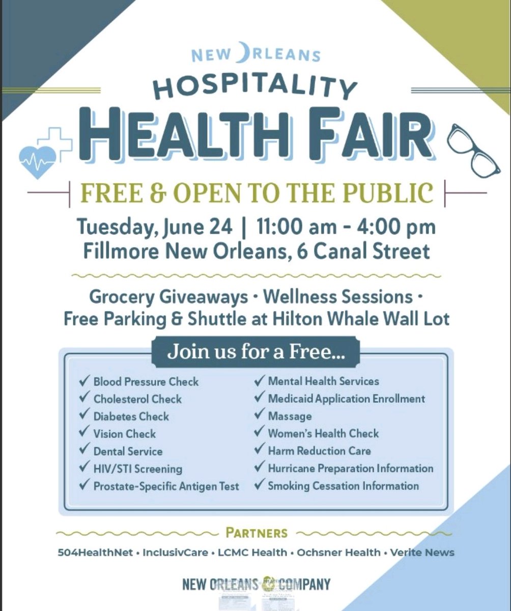 New Orleans and Company Health Outreach Event. Tuesday, June 24th, 2025, 11am-4pm, The Fillmore. Downtown New Orleans.

All hands on deck! We expect another well attended and robust event in partnership with New Orleans and Company. There will be shuttles provided and much more.