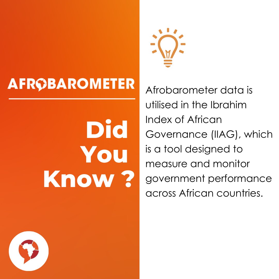 Afrobarometer (@afrobarometer) on Twitter photo Afrobarometer has been contributing data to the Ibrahim Index of African Governance (IIAG) since 2011 and remains the sole source of data for the Citizens' Voices dimension of the IIAG, which offers a reality check on official data.
🧵Explore the <a href="/Mo_IbrahimFdn/">Mo Ibrahim Foundation</a>'s data stories Afrobarometer has been contributing data to the Ibrahim Index of African Governance (IIAG) since 2011 and remains the sole source of data for the Citizens' Voices dimension of the IIAG, which offers a reality check on official data.
🧵Explore the <a href="/Mo_IbrahimFdn/">Mo Ibrahim Foundation</a>'s data stories