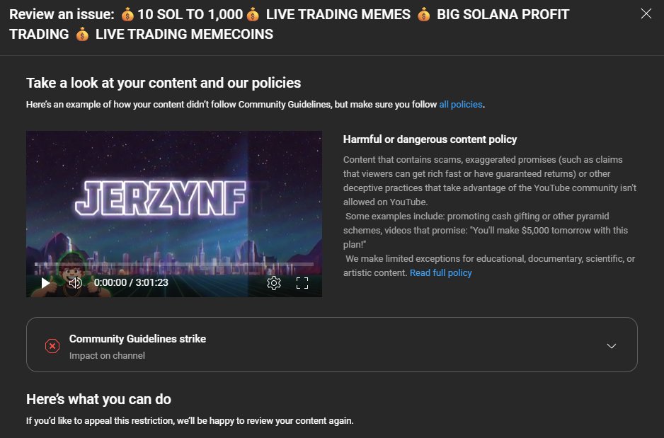 Jerzy 🖤 (@jerzynft) on Twitter photo hey <a href="/TeamYouTube/">TeamYouTube</a> <a href="/YouTube/">YouTube</a> <a href="/YouTubeCreators/">YouTube Creators</a>
I've been making Crypto/NFT/Meme coin content for almost 5 years now on your platform, and I've NEVER had any issues EVER.
Out of nowhere multiple creators are getting full on STRIKES on your platform, hindering our daily life hey <a href="/TeamYouTube/">TeamYouTube</a> <a href="/YouTube/">YouTube</a> <a href="/YouTubeCreators/">YouTube Creators</a>
I've been making Crypto/NFT/Meme coin content for almost 5 years now on your platform, and I've NEVER had any issues EVER.
Out of nowhere multiple creators are getting full on STRIKES on your platform, hindering our daily life