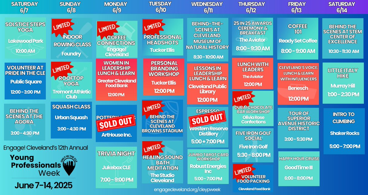 EngageCleveland's tweet photo. 🚨 Just 5 days until #CLEYPWeek! Some events are 🔥 SOLD OUT 🔥 & others have LIMITED spots left:
Rooftop Yoga = SOLD OUT
Coffee Connections = SOLD OUT
Indoor Rowing + more = LIMITED!
Get your tickets before they’re gone:
👉 https://t.co/MWoIXvdGb2 https://t.co/Jggl47Y9AT