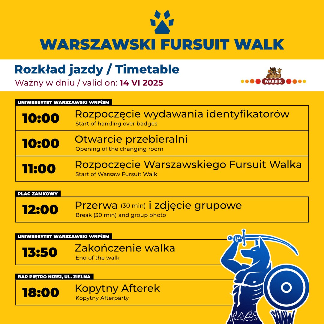 ℹ️ Prezentujemy rozkład jazdy tegorocznego #WFW25. Widzimy się już 1⃣4⃣ czerwca w Warszawie. 😉

Szczegóły odnośnie wydarzenia znajdziecie na naszym kanale informacyjnym na telegramie 👉 t.me/ogloszeniawfw

#furry #furrypl #fursuitwalk