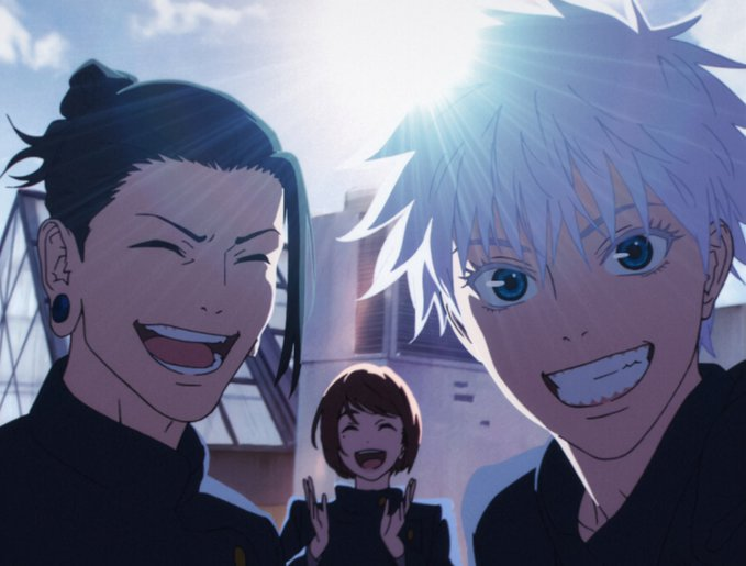 catoruuwu's tweet photo. in so many of the photos and shots of their school days, shoko was always in the middle. even when gojo and geto existed in a league of their own as 'we are the strongest,' shoko was always included in their orbit as naturally as breathing. it's why in the end, https://t.co/1O46h539B2