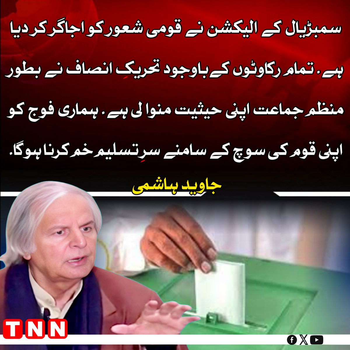 TNN_Pakistan's tweet photo. سمبڑیال کے الیکشن نے قومی شعور کو اجاگر کر دیا ہے۔ تمام رکاوٹوں کے باوجود تحریکِ انصاف نے بطور منظم جماعت اپنی حیثیت منوا لی ہے۔ ہماری فوج کو اپنی قوم کی سوچ کے سامنے سرِ تسلیم خم کرنا ہوگا۔ جاوید ہاشمی
@JavedHashmiJH #JavedHashmi #TNN #TNN_Pakistan https://t.co/WfKYHThsJd