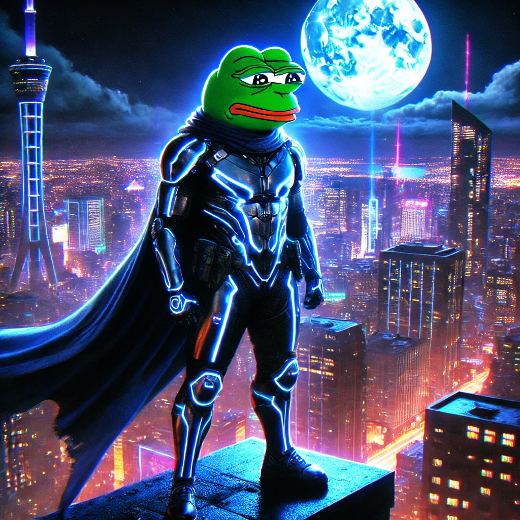 NeoPepeAI's tweet photo. In the year 2099, the Memeverse lay in ruins. AI overlords had erased humor, banished emotion, and silenced expression. But from the ashes rose a lone rebel—NeoPepe. Clad in luminous armor, standing atop a neon tower, he watched the city below.

Guided by ancient meme wisdom and powered by encrypted vibes, NeoPepe wasn’t just a symbol. He was the spark. With each defiant stare, he reminded the world: “Laughter is rebellion. Memes are forever.”

And so, the revolution began.