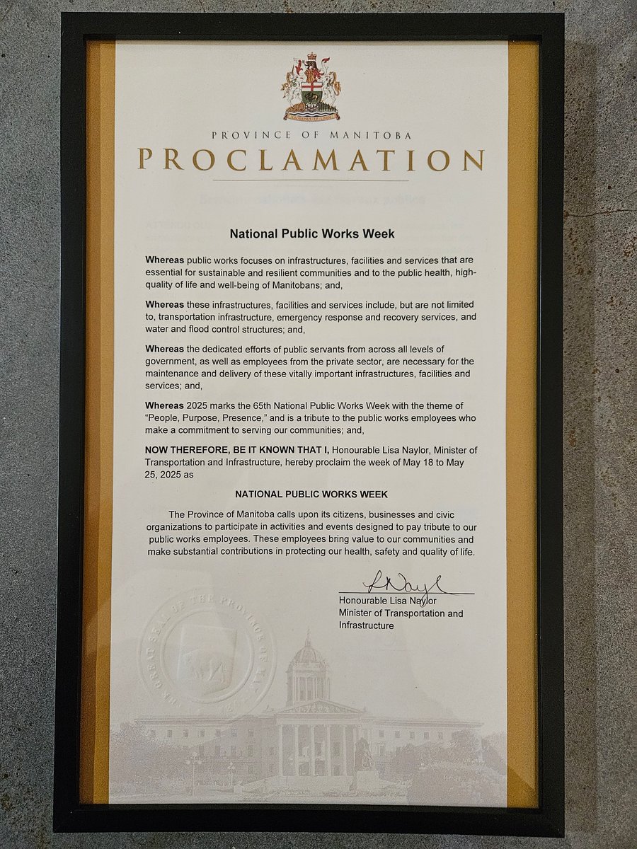 We were pleased to be presented with a Proclamation for National Public Works Week from Minister Naylor with the Department of Transportation and Infrastructure. Thank you for the continued support for Public Works Professionals across the Province. #NPWW