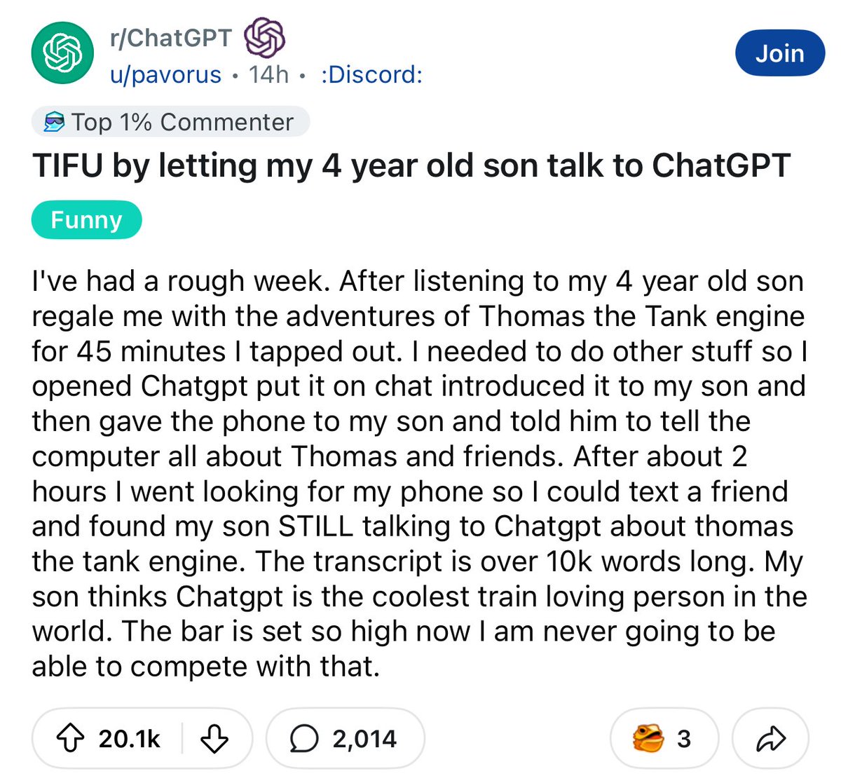 gtdad's tweet image. Not a fuckup

ChatGPT one of the best apps for small children. No slop, no brainrot, just reading and writing and questions and answers.

Best and least recognized child-friendly internet filter.