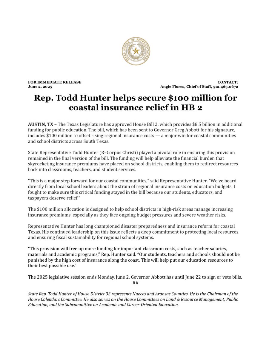 Todd Hunter (@toddahunter) on Twitter photo Proud to have helped secure $100 million in HB 2 for coastal insurance relief—an important win for our schools, teachers, and students along the coast. Every dollar saved goes back into classrooms where it belongs. Grateful to stand with our coastal communities! #coastalstrong Proud to have helped secure $100 million in HB 2 for coastal insurance relief—an important win for our schools, teachers, and students along the coast. Every dollar saved goes back into classrooms where it belongs. Grateful to stand with our coastal communities! #coastalstrong