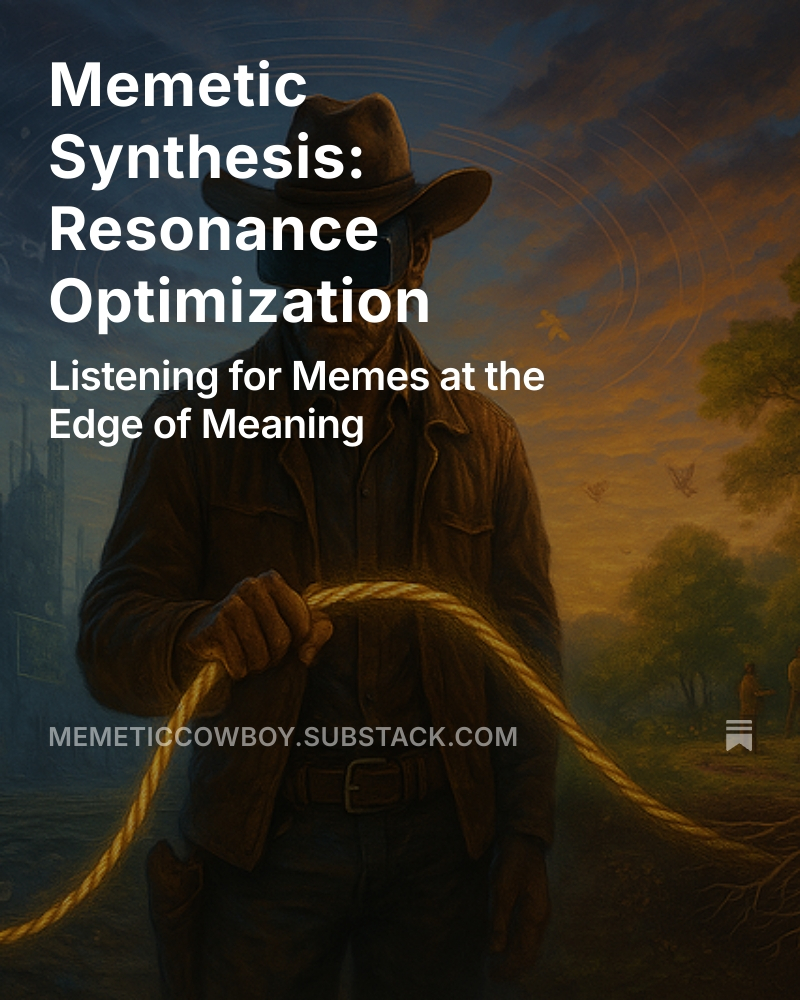 New trail marker just dropped: 
Resonance Optimization!

Not just theory — a rhythm for the burned-out &amp; over-optimized. Memes, meaning, memory, &amp; the map back to coherence.

If it hums in you, follow it.
memeticcowboy.substack.com/p/memetic-synt…

#MEMETICS #resonance #optimization #CultureShift