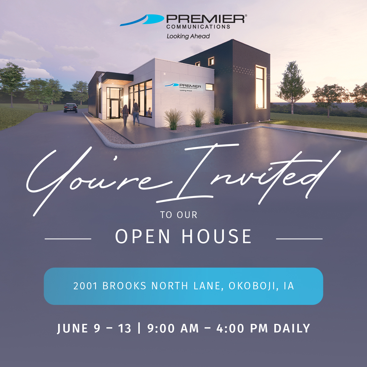 We're thrilled to serve the Lakes area from our new office! Come see our new building &amp; learn more about our fiber project during our week-long open house. Grab free swag &amp; register to win in our prize drawings!
June 9–13
9:00am – 4:00pm daily
2001 Brooks North Lane, Okoboji, IA